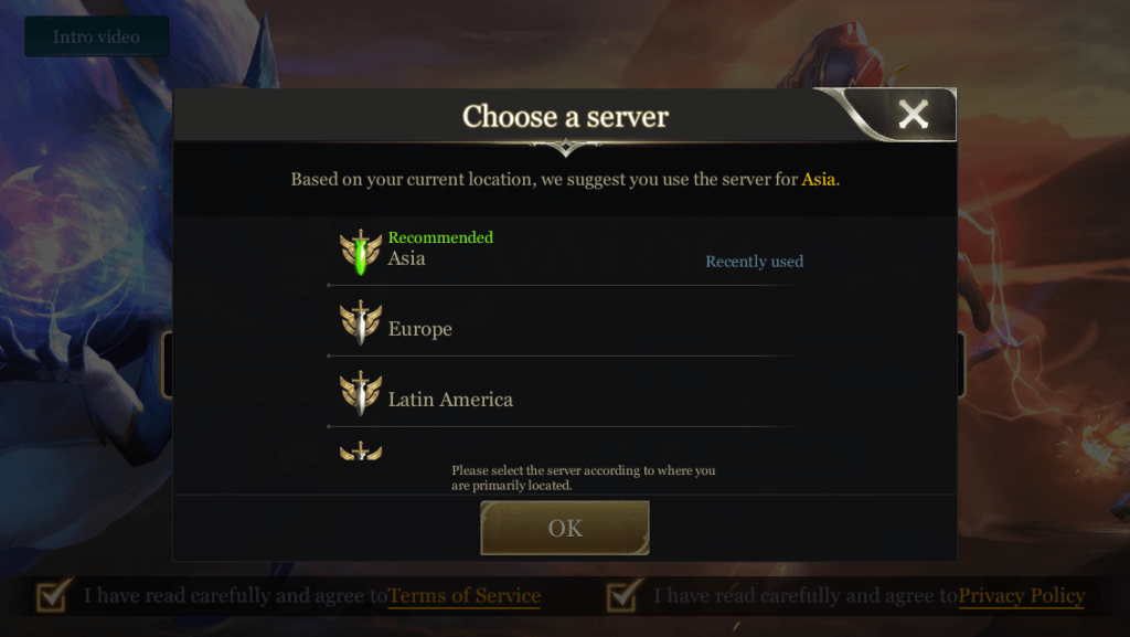 Arena of Valor Asia Server selection