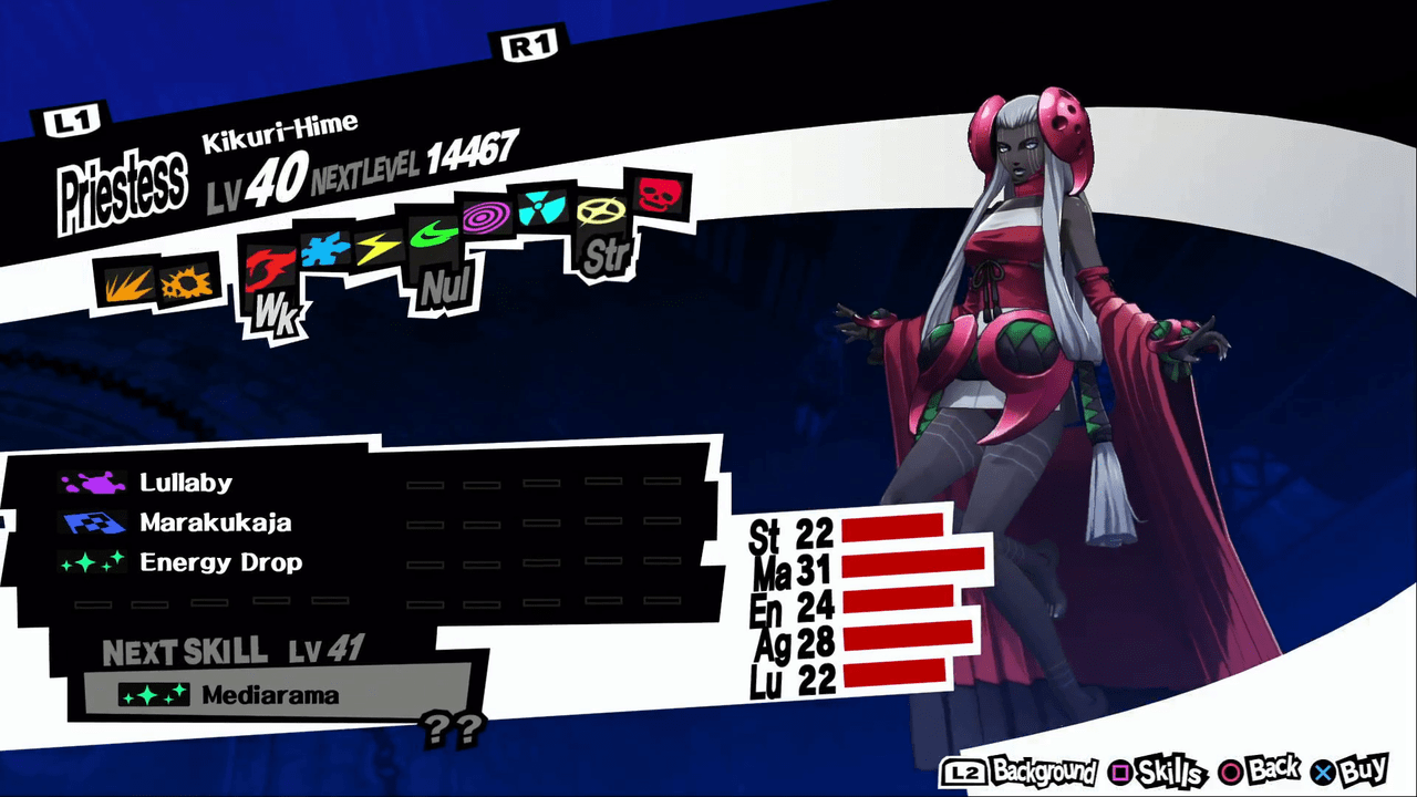 Persona 5 / Persona 5 Royal - Kikuri-Hime Persona Stats and Skills 