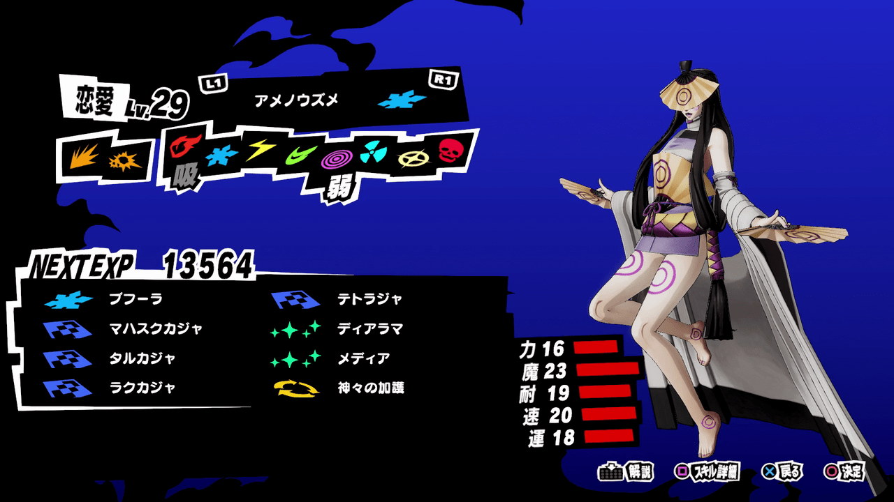 Persona 5 Strikers - Ame-no-Uzume Persona Stats and Skills