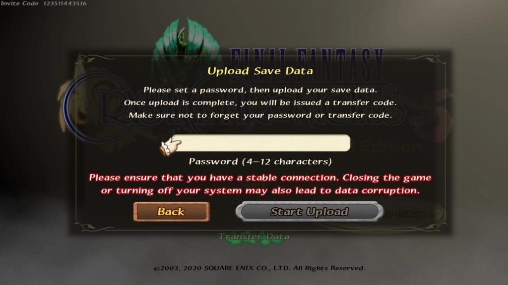 Final Fantasy Crystal Chronicles: Remastered Edition - Transfer Save Data - Input Password
