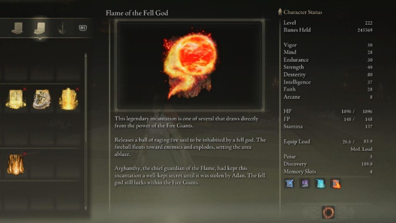 Sorceries and Incantations Flame of the Fell God Elden ring